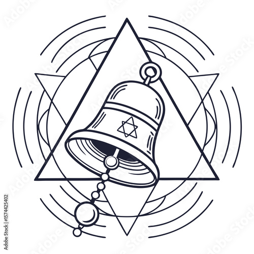 Monoline Hand Drawing Sacred bell ringing through concentric waves, creating harmonious atmosphere