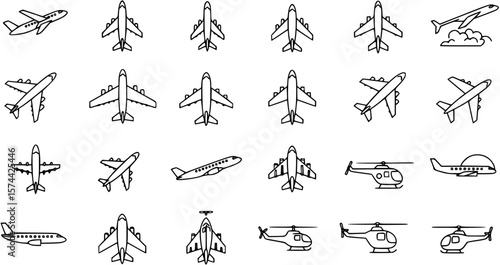 Airplane icon set. Plane symbol in black outline design.
