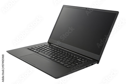 Black laptop computer with black screen display open in angled position, isolated on a transparent background	