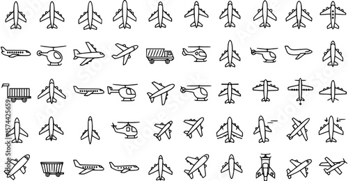 Airplane icon set. Plane symbol in black outline design.
