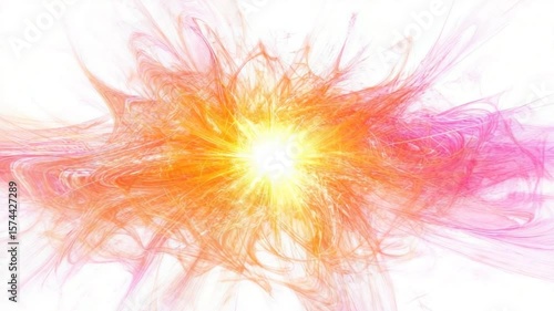 Abstract fractal animation of glowing light particles in motion over a white background, vibrant