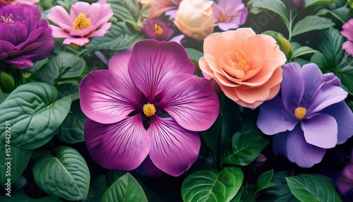 Wallpaper Mural colorful flowers in various shades of purple and pink surrounded by green leaves create vibrant and lively botanical scene Torontodigital.ca