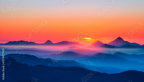 vibrant orange and pink sunrise over blue layered mountains landscape featuring pixelation and ai artifacts