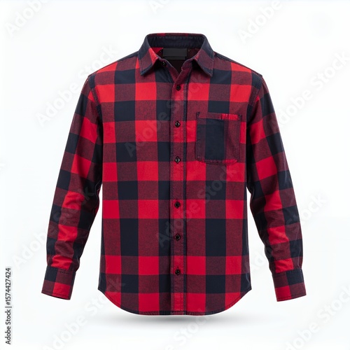 Classic buffalo plaid flannel shirt in vibrant red and black pattern on white background