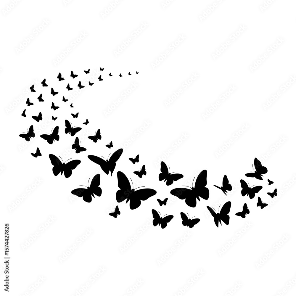 A monochrome illustration depicting a swarm of stylized butterflies in a curved formation design. A monochrome illustration depicting a swarm of stylized butterflies in a curved formation design.