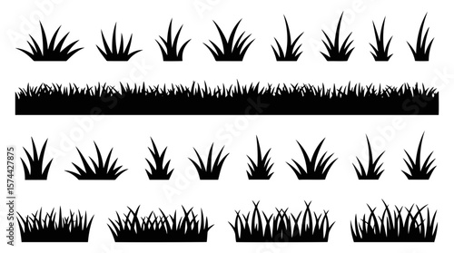 Illustration of multiple grass tufts and a grass border in black silhouette on white background