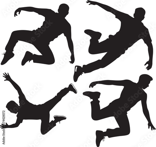 "Silhouettes of People in Dynamic Jumping and Action Poses".