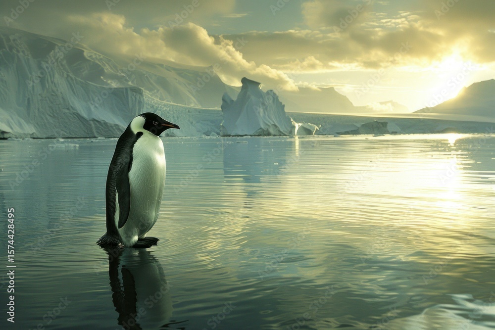 Fototapeta premium Emperor penguin enjoying a beautiful sunset in its natural habitat, antarctica