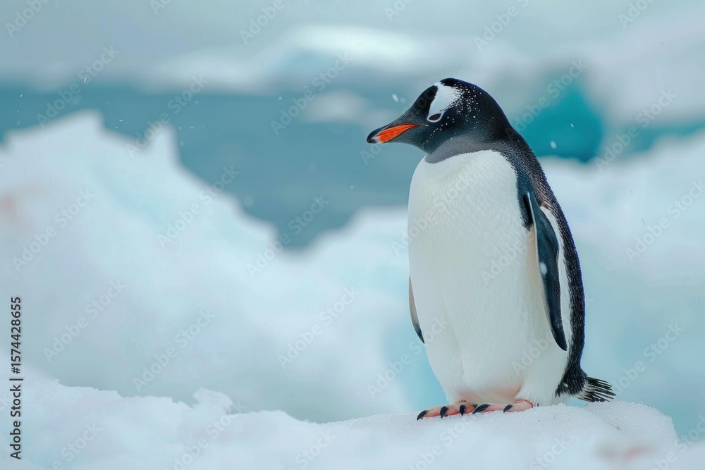Fototapeta premium Gentoo penguin standing on a snowy ice floe with antarctic ocean in the background