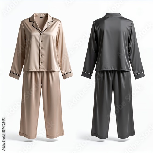 Elegant loungewear displayed, satin pajamas set in neutral hues, showcasing sleepwear fashion on white background