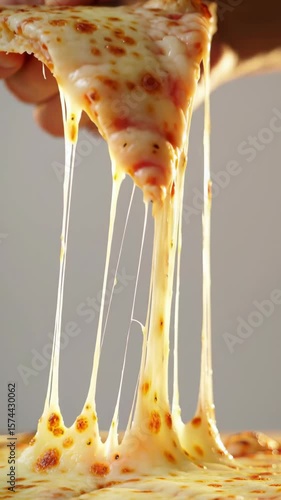 Close-up of a hand holding a slice of delicious cheese pizza with stringy melted mozzarella stretching down, showcasing the classic comfort food in appetizing detail .