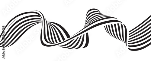 Black on white abstract perspective line wave stripes with 3d dimensional effect isolated on white.