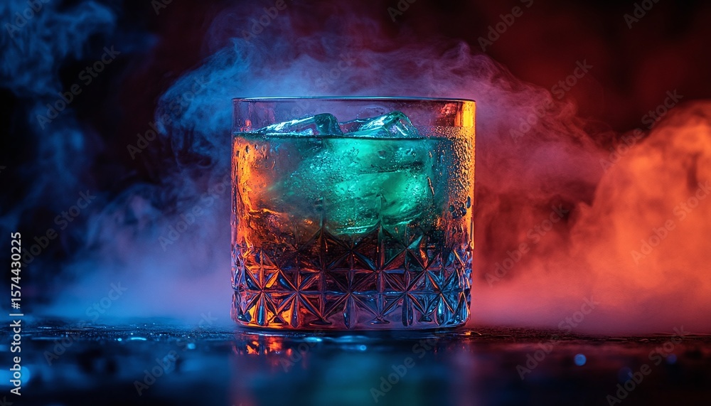 Fototapeta premium Crystalline Glass Of Cocktail With Red And Blue Smoke
