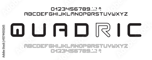 Futuristic square display alphabet in regular and outline styles. Includes uppercase letters, numbers, and symbols. Perfect for tech and sci-fi designs.