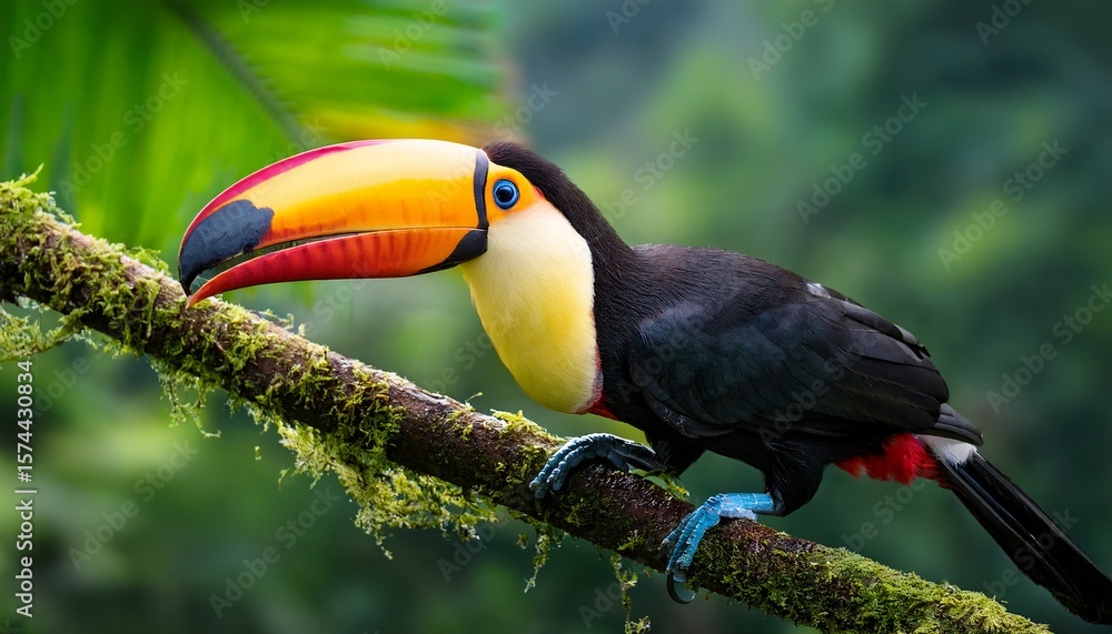Fototapeta premium a vibrant toucan perched in a lush tropical environment the bird is positioned atop a slender branch with its bright plumage contrasting against the surrounding greenery