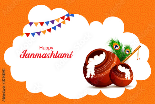 vector illustration of Happy Krishna Janmashtami Dahi Handi meaning cream and pot Indian festival celebration background
