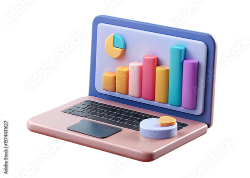 3d laptop with colorful bar graph and pie chart on screen and keyboard computer technology data
