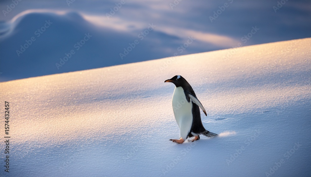 Obraz premium a penguin waddles across a snowy landscape under soft cold light