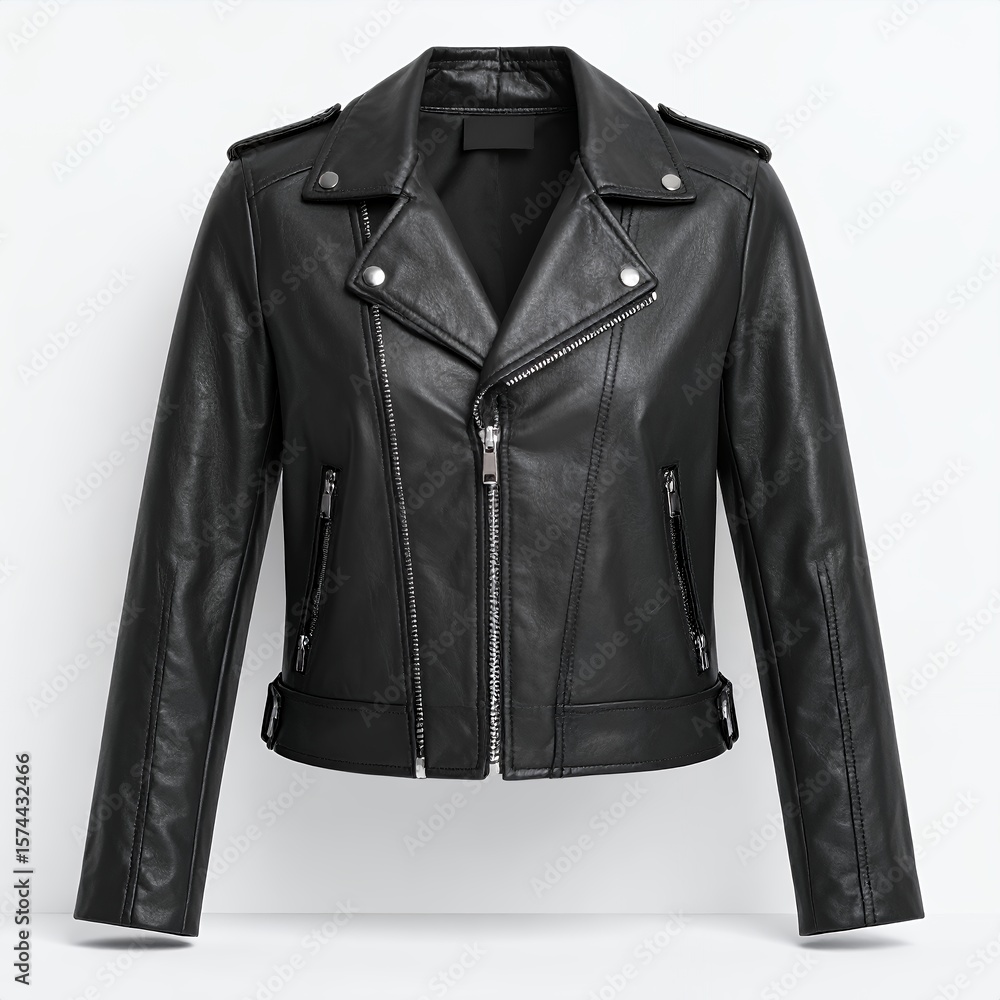 Naklejka premium Classic moto jacket, sleek silhouette, edgy appeal, leather apparel photography on white background