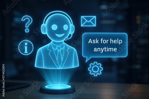 A holographic call center agent offers support, question, email, gear icons, inviting user with the phrase 'Ask for help anytime'. customer support service