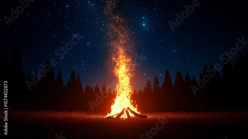 A bonfire blazes brightly under a starlit sky.