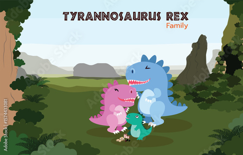 Tyrannosaurus Rex Family in Prehistoric Forest. Cute cartoon-style T-Rex family standing together in a prehistoric jungle. Flat vector illustration ideal for children’s content and educational use
