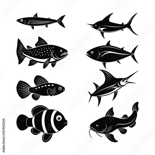 Collection of 8 black fish silhouette icons including tropical and freshwater species. Ideal for logos, educational material, fishing graphics, and marine design.