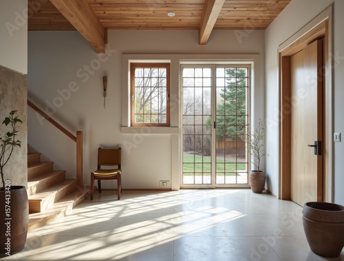 scandinavian interior design of modern entrance hall with grid door staircase