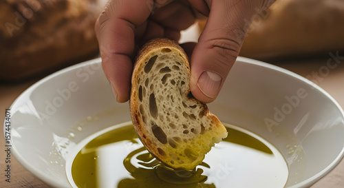 Bread dipping in olive oil