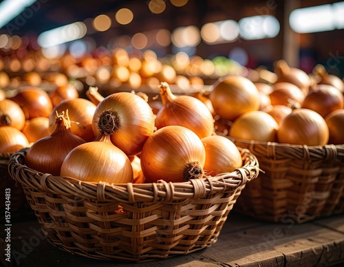 Fresh onions in baskets at market