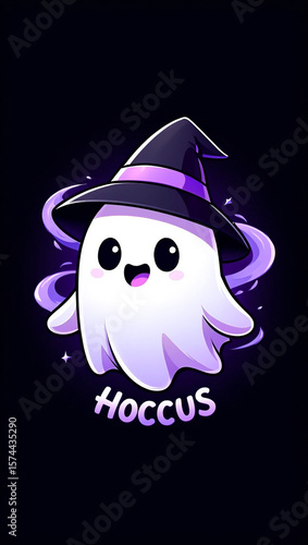 Adorable ghost wearing witch hat and purple swirls cute