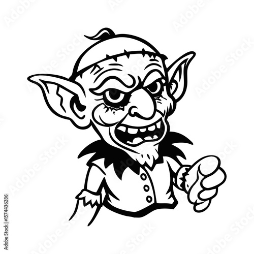 Vintage Goblin Character Black and White Vector Illustration
