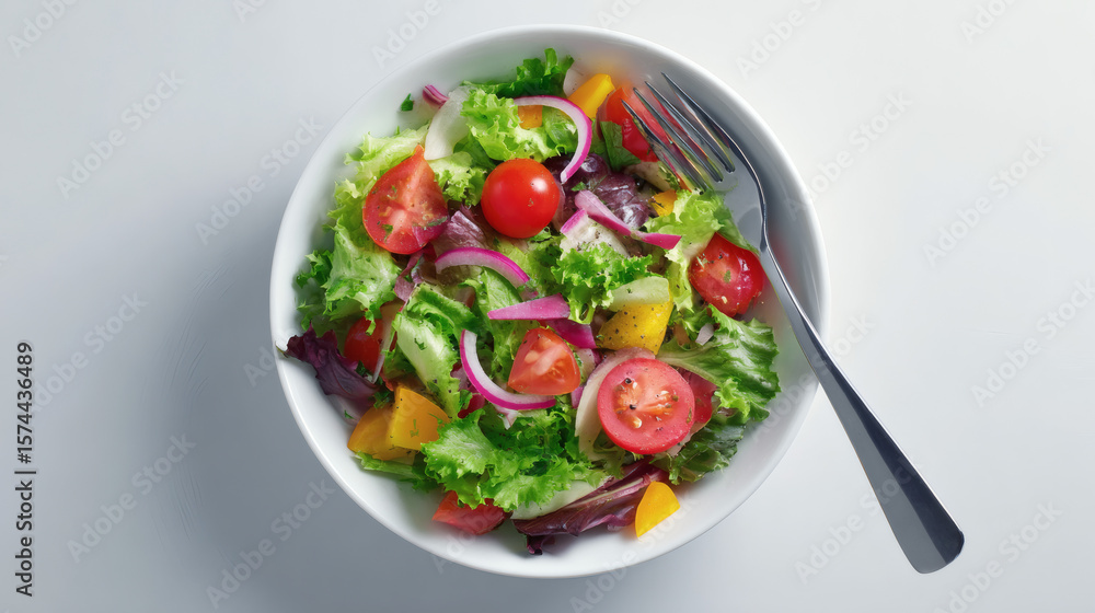 Overhead shot of a vibrant and healthy salad with fresh ingredients in a white bowl. Overhead shot of a vibrant and healthy salad with fresh ingredients in a white bowl.