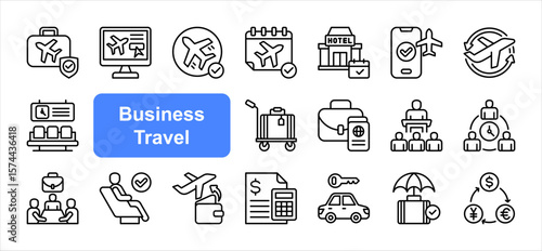 Business Travel editable stroke icon set, with Flight, Itinerary, Booking, Meeting, Expenses, Airport, Luggage.