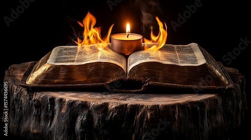 Open book ablaze with candle flame on a wooden stump.