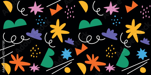 Vibrant Neon Pattern with Abstract Shapes and Symbols on Dark Background, Whimsical Digital Art for Creative Projects.