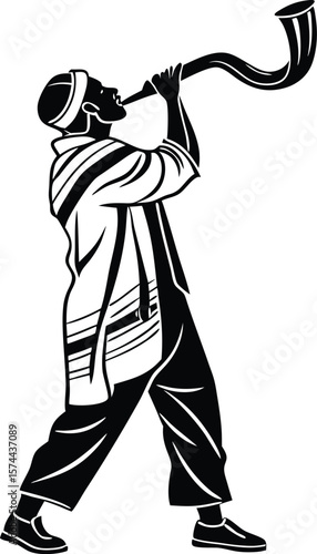 "Silhouette Illustration of Jewish Man Blowing Shofar – Rosh Hashanah Religious Tradition Concept in Black and White Vector Style"