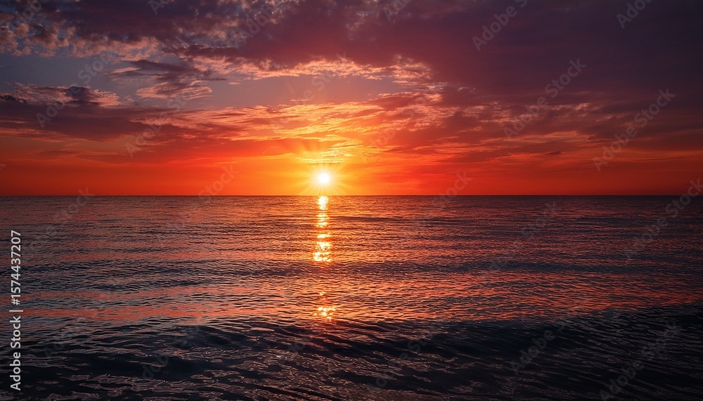 Obraz premium vivid red sunset over calm ocean waters with sun s reflection creating a serene and tranquil seascape during evening