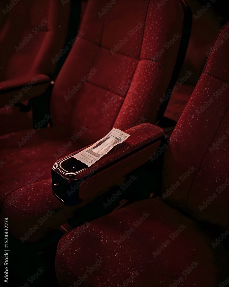 Obraz premium Torn movie ticket stub resting on armrest in empty theater seats