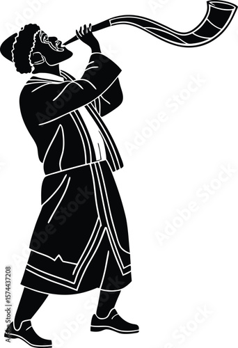"Silhouette Illustration of Jewish Man Blowing Shofar – Rosh Hashanah Religious Tradition Concept in Black and White Vector Style"