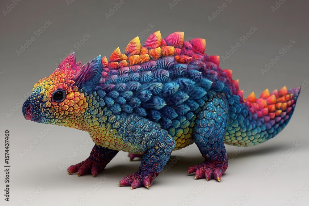 Obraz premium Generative AI. Colorful creature with vibrant scales and spiky features, showcasing a unique design in a whimsical style, representing imaginative artistry and creativity in illustration