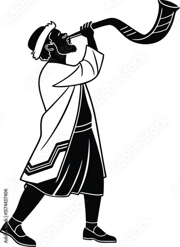 "Silhouette Illustration of Jewish Man Blowing Shofar – Rosh Hashanah Religious Tradition Concept in Black and White Vector Style"
