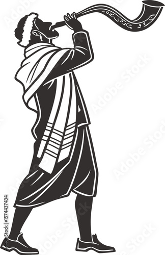 "Silhouette Illustration of Jewish Man Blowing Shofar – Rosh Hashanah Religious Tradition Concept in Black and White Vector Style"