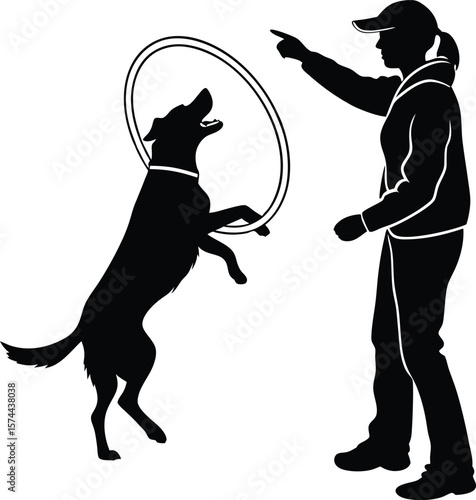 "Silhouette Illustrations of Dog Training with Trainer and Hoop – Pet Obedience and Agility Practice Concept Art"