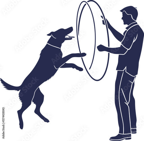 "Silhouette Illustrations of Dog Training with Trainer and Hoop – Pet Obedience and Agility Practice Concept Art"