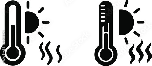 Two thermometer icons indicating high temperatures with sun and heat waves isolated on white background