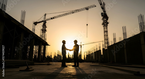 Construction workers handshake sunset