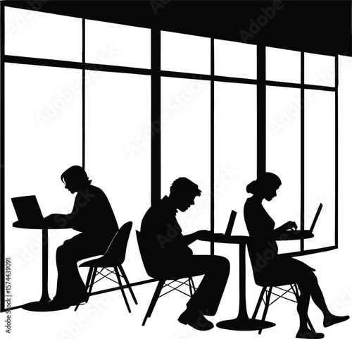 "Silhouette Illustration of People Working on Laptops in Modern Cafe or Co-Working Space – Remote Work and Freelance Concept Art"