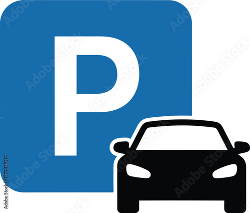 A blue parking sign with a white p and a car illustration isolated on white background