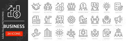 Business line icon set. Production and sales, profit generation. Agreement, partnership, team, negotiation, accounting, management, startup, meeting - stock vector.